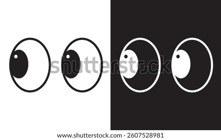 Round eyes looking right. Eyes looking to one side. Sideways glance vector icon. Two eyes emoji. Cartoon eyes looking. For doll, toy, comic book animation. Vector illustration