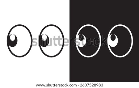 Round eyes looking right. Eyes looking to one side. Sideways glance vector icon. Two eyes emoji. Cartoon eyes looking. For doll, toy, comic book animation. Vector illustration