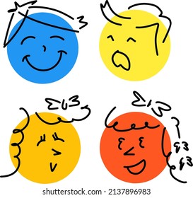 Round face comic with various expressions. Face vector image. Flat design. Crayon drawing style for kids
