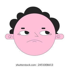 Round face disappointed 2D linear vector avatar illustration. Annoyed rolling eyes cartoon character face. Sarcastic displeased portrait. Upset irritated flat color user profile image isolated