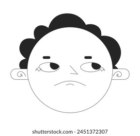 Cara redonda decepcionado en blanco y negro 2D Vector avatar ilustración. Los ojos rollos molestos delinean la cara del personaje de dibujos animados aislado. Emoción sarcástica. Imagen de perfil de usuario plano irritado molesto, retrato