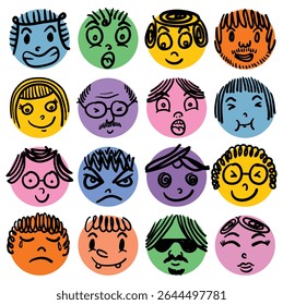 round face emoticons with different expressions on a white background
