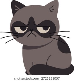 Un gato gris de cara redonda se sienta con el ceño fruncido y los párpados pesados dando una expresión de mal humor en una ilustración plana.