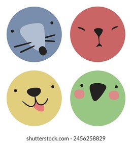 Round faces of an angry cat, a funny puppy, a mouse, a cute parrot. Set of vector illustrations of cute animals