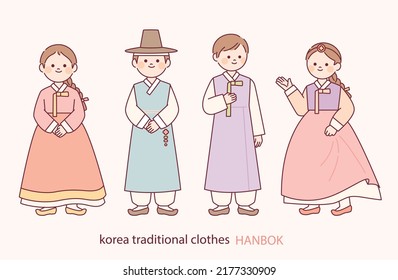 Round faces and cute characters. She is wearing a beautiful Korean hanbok. outline simple vector illustration.