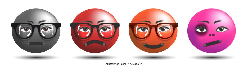 Round faces with different emotions and glasses, indifference, anger, smile and black eye EPS10