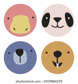 Round faces of a platypus, a serious bear, a funny beaver, a smiling panda. Set of vector illustrations of cute animals