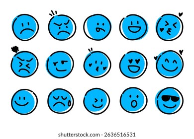 Round Faces with various doodle Emotions. Doodle drawing style. Different colorful characters. Flat design. Hand drawn trendy Vector illustration.
