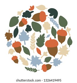 Round fall floral frame with stylized meadow flowers. Abstract circle with Autumn Leaves. Isolated vector illustration