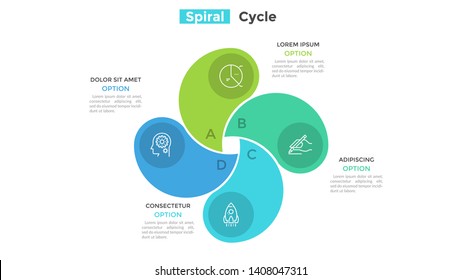 Round fan-like chart with 4 colorful spiral elements. Concept of four-stepped cyclic business process. Minimal infographic design template. Flat vector illustration for presentation, brochure.