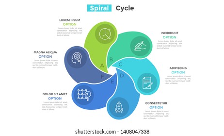 Round fan-like chart with 6 colorful spiral elements. Concept of six-stepped cyclic business process. Minimal infographic design template. Flat vector illustration for presentation, brochure.