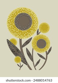 Round fantastic golden flowers on stems with sharp leaves isolated on gray background for spring cards, interior design, decorative pillows. Vector.