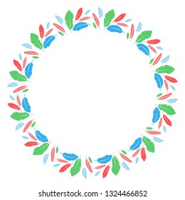 Round feather frame design. Vector bird feathers composition. 