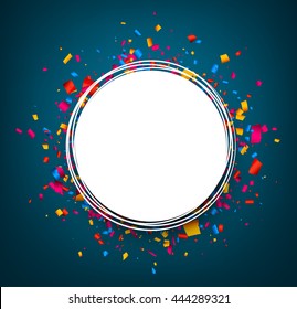 Round festive blue background with color confetti. Vector paper illustration.