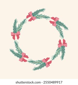 Round festive frame with Christmas tree branches and bows. Christmas decoration.