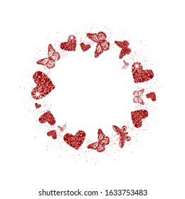 Round festive frame of red glitter heart and butterflies. Cute silhouettes on white background. For Valentines day, wedding invitations, cards, branding, label, concept design. Vector illustration.