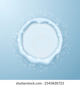 Round festive frame of snow on the background of beautiful snowflakes. Vector 3D illustration.
