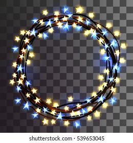 Round festive lights garland on a transparent background. All light effects isolated and grouped.