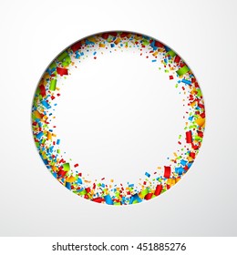 Round festive white background with color confetti. Vector paper illustration.