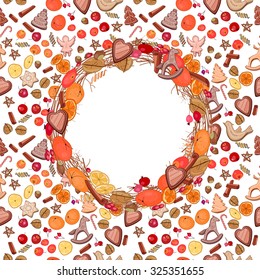 Round festive wreath with fruits, cookies, berries and leaves.  For season design, announcements, postcards, posters.