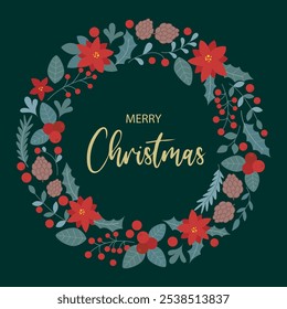 Round festive wreath with Merry Christmas lettering. Traditional rim with holly leaves, berries, flowers, herbs and greetings. New Year template for card, invitation, flyer, vector graphics