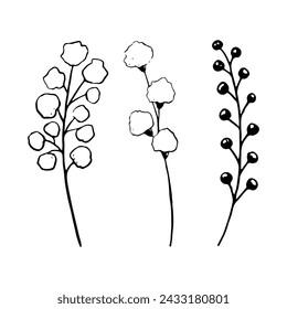 Round field flowers illustration set. Botanical wildflowers clipart for spring and summer floral designs and rustic weddings