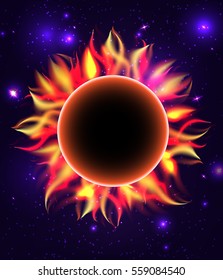 Round fiery frame with stars. Sun with place for text. Planet in universe. Vector element for your design.
