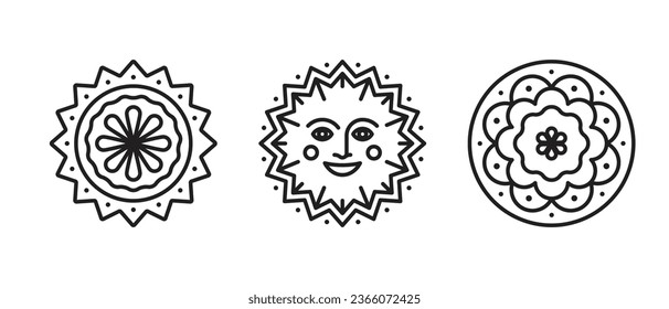 Round fiesta party decorations - star, sun, flower. Line icon set, editable stroke. Hispanic Heritage Month or Cinco de Mayo holiday. Decorative wheel collection.