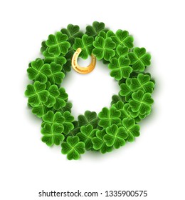 A round filled with Realistic Clover leaves, Gold Horseshoe for St. Patricks Day holiday. Shamrock grass symbol. Lucky flower for Irish festival. Scottish decor isolated on white. Vector illustration