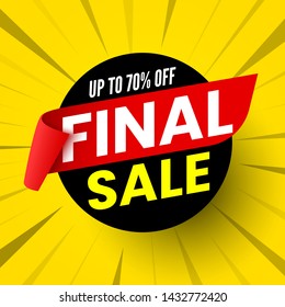 Round final sale banner with red ribbon, up to 70% off. Vector illustration.