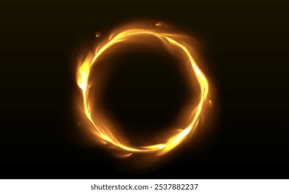 Round fire frame isolated on black background. Vector realistic illustration of flame ring glowing and sparkling in darkness, circular fiery border for magic circus show, heat energy vortex, firework