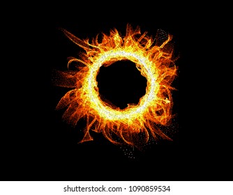 Round Fire Frame On Black Background. Vector Illustration. Pointillism Style.