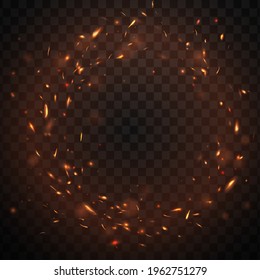 Round Fire Sparks Frame With Burning Bonfire Embers, Vector Glowing Flame Particles. Realistic 3d Blaze Fire Sparks Flying In Air. Firestorm Inferno, Balefire Border Isolated On Transparent Background
