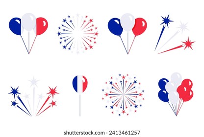 Ametralladora redonda y conjunto de globos conjunto de colores de la bandera francesa. Vector clipart, ilustración de feriados nacionales y evento festivo en la República Francesa, signo plano o símbolo para el diseño web.