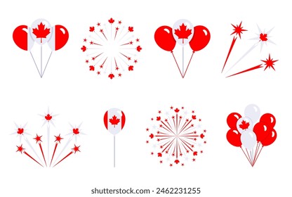 Fuegos artificiales redondos y Paquete de globos conjunto de iconos de colores de la bandera de Canadá aislados sobre fondo blanco. Vector Clipart, ilustración de las fiestas nacionales canadienses y evento festivo, signos planos o símbolos.