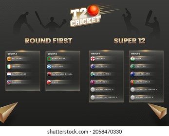 Primera Ronda Y Super 12 Lista Del Partido De Cricket T20 Con La Bandera De La Bandera De Los Países Participantes, Elementos Del Triángulo Dorado 3D Sobre El Fondo De Los Jugadores De Silhouette Negros.