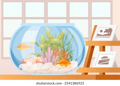 Baia de peixe redonda com plantas aquáticas e peixes, colocado ao lado de um suporte decorativo, representando a decoração da casa e relaxamento. Adequado para estilo de vida, cuidados com animais de estimação e temas da natureza. Ilustração vetorial.