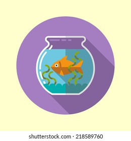 Round Fish Tank Long Shadow Flat Design Icon. Vector Illustration.