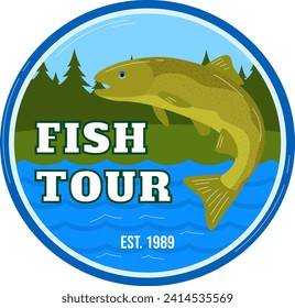 Round fishing tour badge featuring a trout, with trees and water backdrop. Est. 1989, outdoors and adventure theme vector illustration