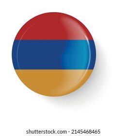 Bandera redonda de Armenia. Botón de inserción. Icono de broche de alfiler, pegatina. Estilo vectorial 3D. botón Web.