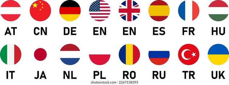 Round Flag Icon Set of Austria China Germany USA UK Spain France Hungary Italy Japan Netherlands Poland Romania Russia Turkey Ukraine Flag Button Signs with Language Codes. Vector Image.