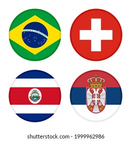 rundes Flaggensymbol eingestellt. Brazil, Schweiz, Costa rica und Serbia Flaggen. einzeln auf weißem Hintergrund
