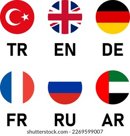 Bandera redonda Juego de iconos de Turquía Reino Unido Gran Bretaña Alemania Francia Rusia y Emiratos Árabes Unidos Señales de botón de bandera de los Emiratos Árabes Unidos con códigos de idioma. Imagen vectorial.