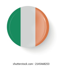 Round flag of Ireland. Pin button. Pin brooch icon, sticker. 3D vector style. Web button.