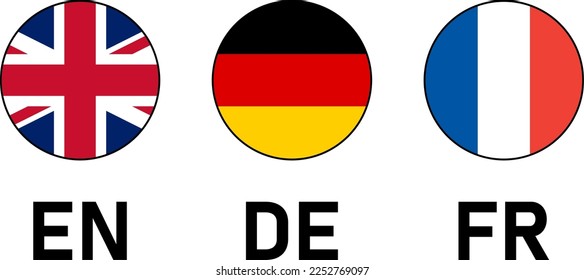 Round Flag Selection Button Badge Icon Set with a Thin Contour or Outline including UK, Germany and France Flags with Language Codes for English, German and French. Vector Image.