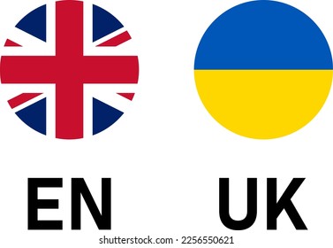 Round Flag Selection Button Badge Icon Set with UK and Ukraine Flags with Language Codes EN and UK for English and Ukrainian. Vector Image.