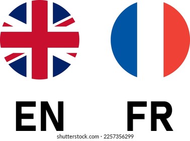 Round Flag Selection Button Badge Icon Set with UK and France Flags with Language Codes EN and FR for English and French. Vector Image.