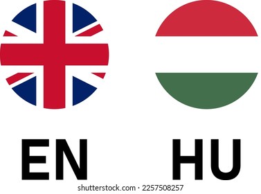 Round Flag Selection Button Badge Icon Set with UK and Hungary Flags with Language Codes EN and HU for English and Hungarian. Vector Image.