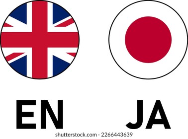 Round Flag Selection Button Badge Icon Set with UK United Kingdom and Japan Flags with Language Codes EN and JA for English and Japanese. Vector Image.
