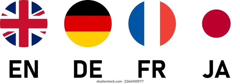 Round Flag Selection Button Badge Icon Set including UK, Germany France and Japan Flags with Language Codes for English German French and Japanese. Vector Image.